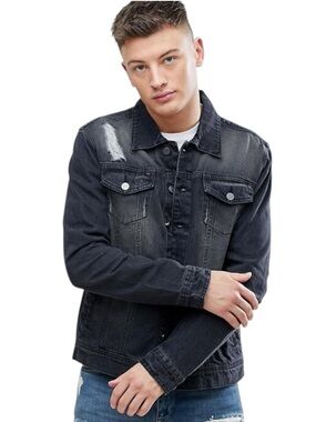 Hoxton Denim Washed Black Distressed Slim Fit Denim Jean Jacket (M/L)
